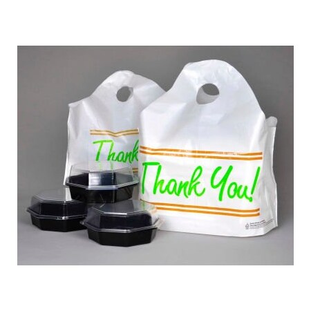 LK PACKAGING Printed "Thank You" Take Out Bag W/ Bell Top Handle, 21"W x 18"L, 1.5 Mil, White, 500/Pack TO211810TY